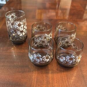 Vintage Dominion Glass Floral Gold Rim Rocks Lowball Set of 4 MCM